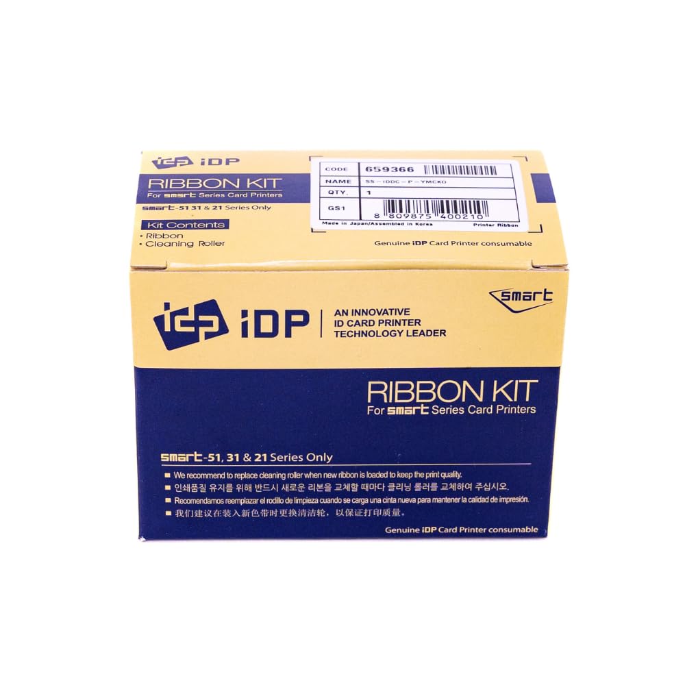 IDP Genuine SMART-31 and SMART-51 Series Card Printer Ribbon - YMCKO Color, Resin Black & Overlay Panel Ribbon w Cleaning Roller, 250 Cards/roll (Not