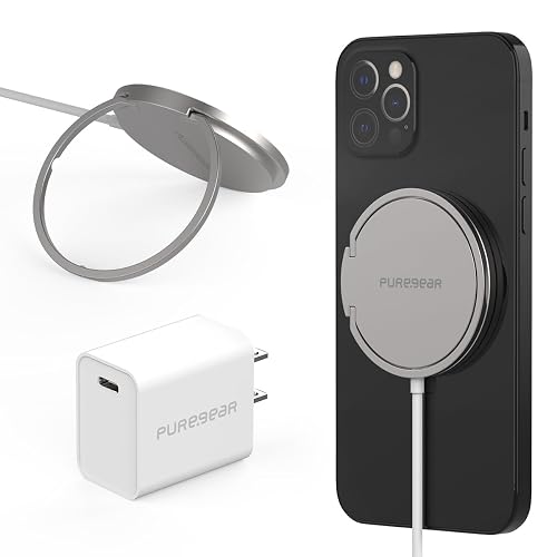 PureGear Kickstand 15W Qi-Certified Fast Magnetic Wireless Charging Pad for iPhone 15/15Pro/15ProMax/14/13/12 Series Work with MagSafe Case