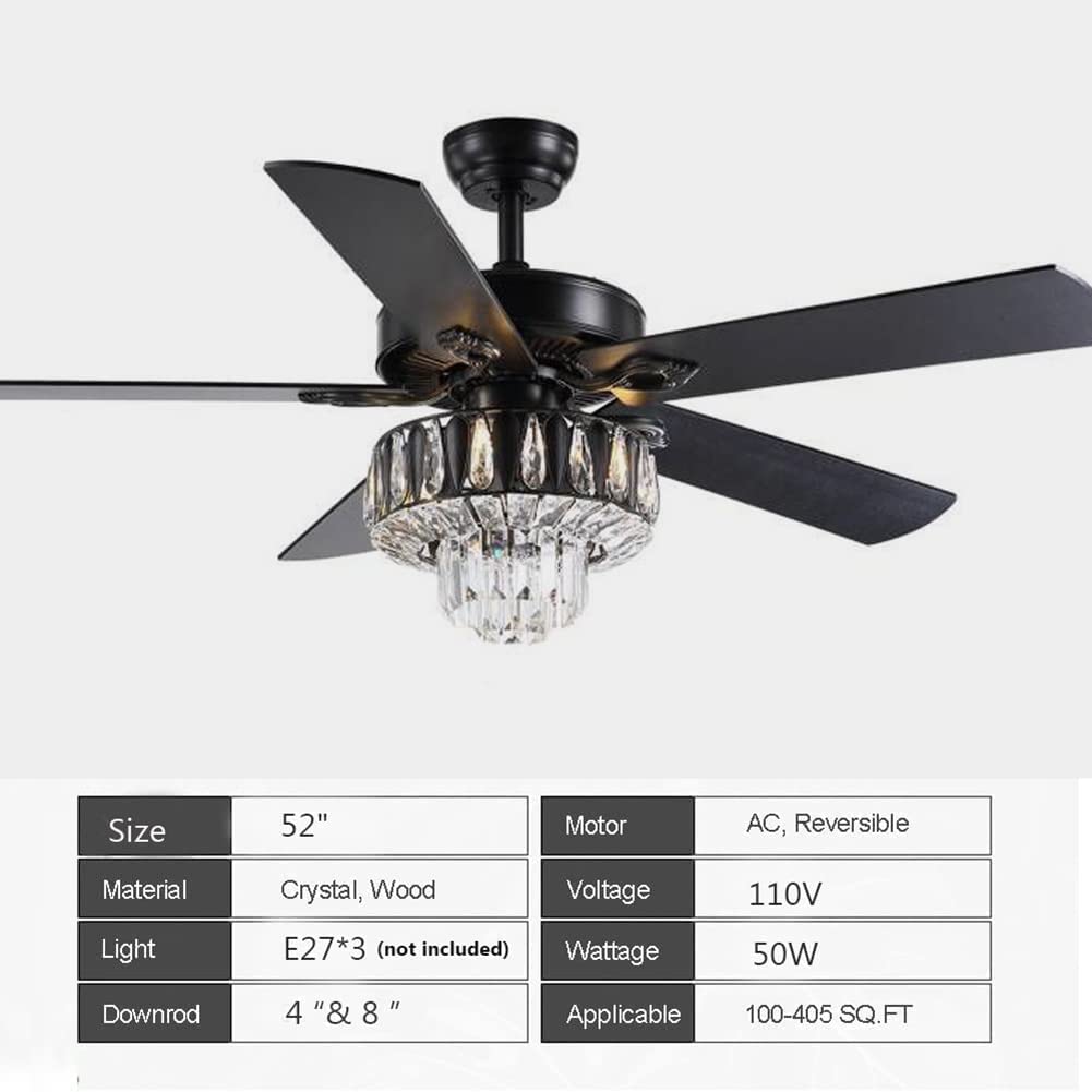 ONELLH 52'' Ceiling Fans with Lights with 3-Speed Indoor Chandelier Ceiling Fans with Crystal Lampshade, Matt Black Reversible Fandelier Fan