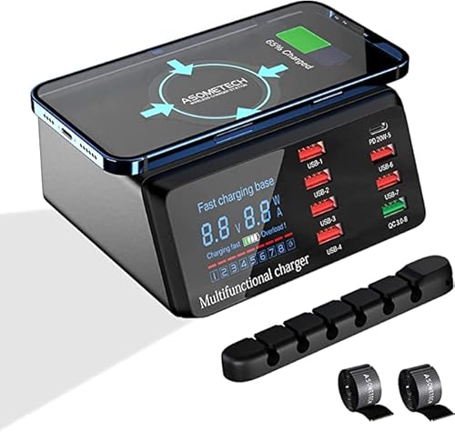 USB Charger Hub ASOMETECH 100W 8-Port Desktop Multiple USB Charging Station with PD Port, Quick Charge 3.0 Port, Wireless Charger, LCD Display Fast