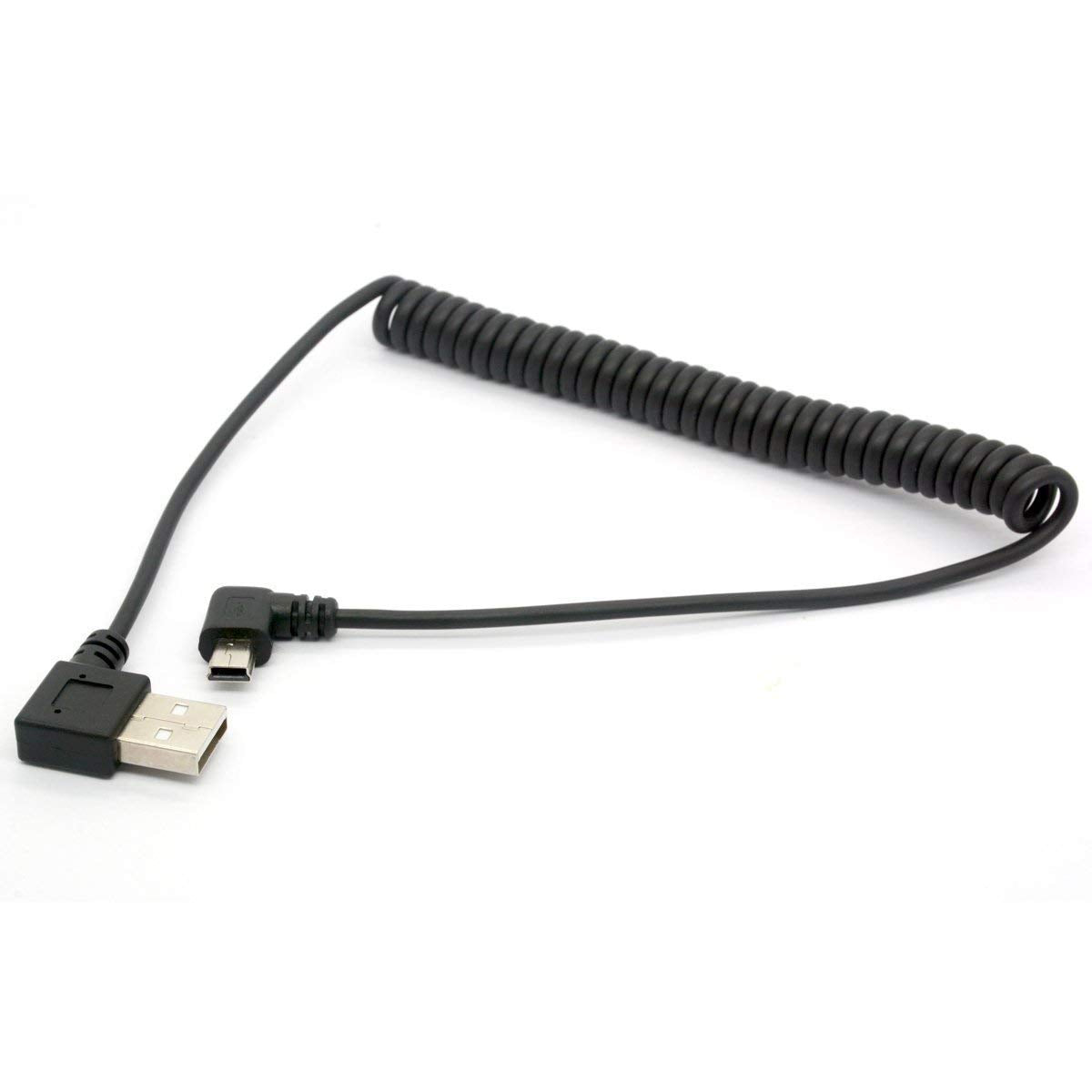 GLHONG Coiled Mini USB Cable, 90 Degree Spring USB 2.0 to Mini USB Cable Cord, Right Angle Charging and Sygn Mini USB Adapter Lead 1.5meter