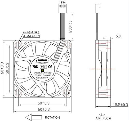 Everflow 60X60X15mm Dual Ball Bearing Ultra High Speed PWM Fan # R126015BU 12V 2000-6000 RPM 9.4-29.8 CFM 20-42 dB Everflow Computer Fan