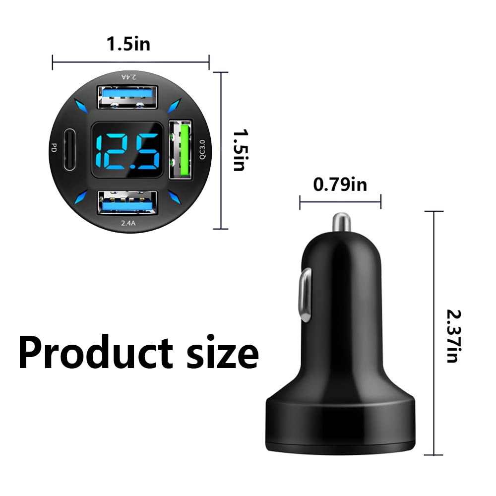 Car Charger 66W Super Fast Charging with USB PD&QC 3.0(Voltmeter&LED Lights) Universal Quick Charge for 12-24V Car Cigarette Lighter Plug,Compatible