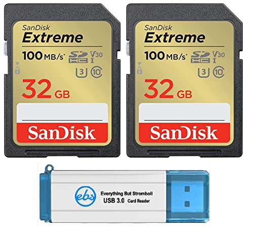 SanDisk 32GB Extreme SD Card (2 Pack) SDHC Memory Cards Compatible Browning Trail Cameras (SDSDXVT-032G-GNCIN) Class 10 UHS-1 U3 4K Bundle with (1)