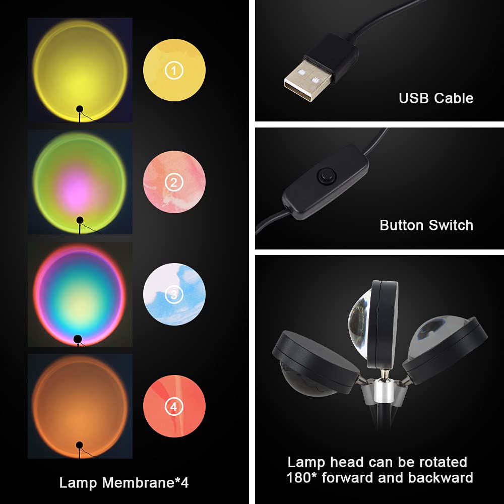 Sunset Lamp, 360° Rotation Sunset Projector Light, 6 Colors Rainbow Projection Night Light, USB LED Atmosphere Lamp for Selfie, Photography, Bedroom