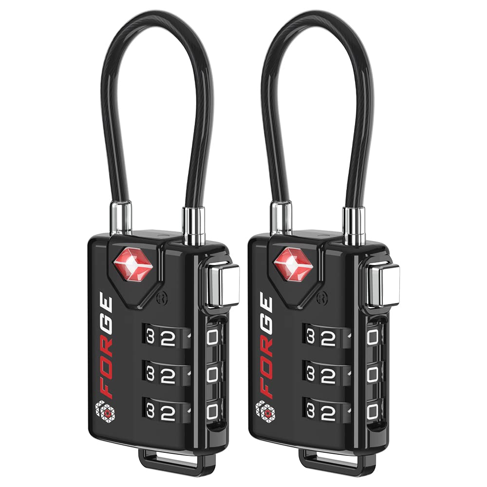 TSA Approved Cable Luggage Locks – 2 Pack Black Resettable Combination Travel Locks with Durable Alloy Body