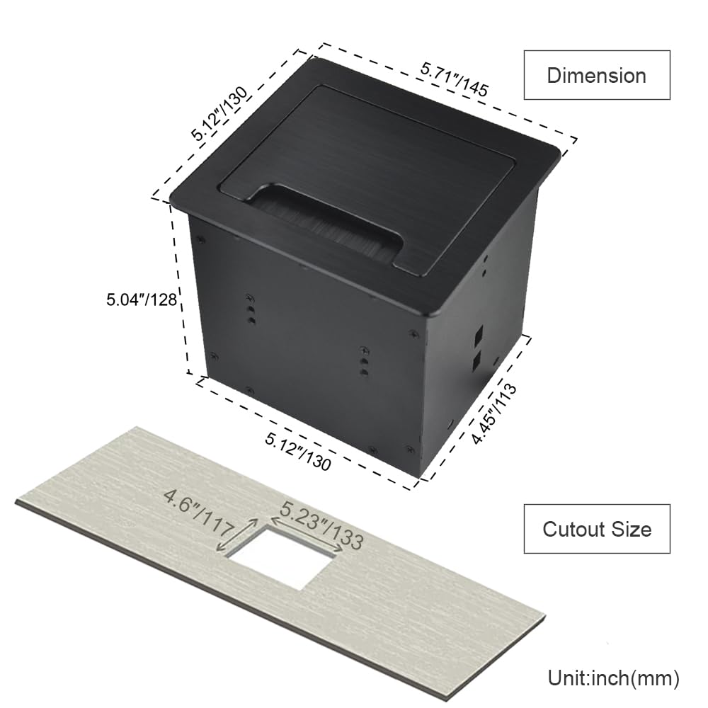 Tabletop Brush Flip Connectivity Box with 2 AC Power + 2 USB Charger + HDMI + 1 3.5mm Audio + USB-C Data + RJ45(cat6) for Conference Room (Black)
