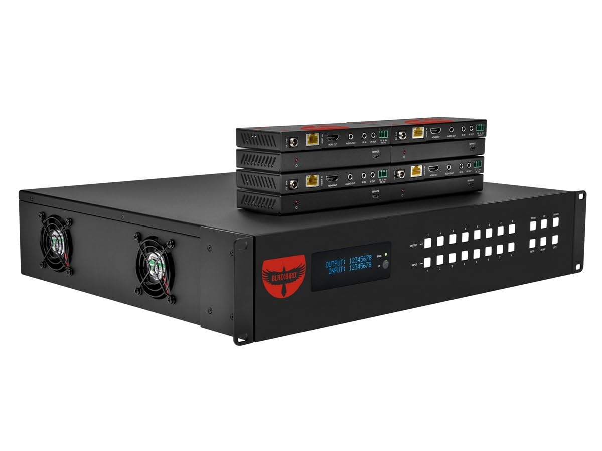 Monoprice Blackbird Pro‑Series 8x8 HDMI Matrix, 8 HDMI inputs, 8 HDMI and HDBaseT Mirrored Outputs, 18Gbps, 4K2K@60Hz (YUV 4:4:4), HDR, HDR10, HDR10+