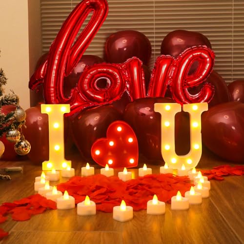 OUDE HOWER I Love U Light Letters Valentine Day Red Light Letters 24Pcs Flameless Candles 1000Pcs Fake Rose Petals 30Pcs Red Balloons 1Pcs Love