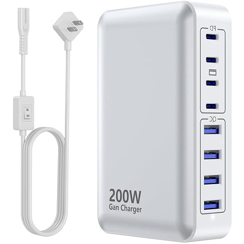 USB C Charger 200W Charger Block, 8-Ports Gan Fast Charging Station Hub, PD 65W Laptop Charging Adapter Compatible with MacBook Pro/Air, DELL, Steam