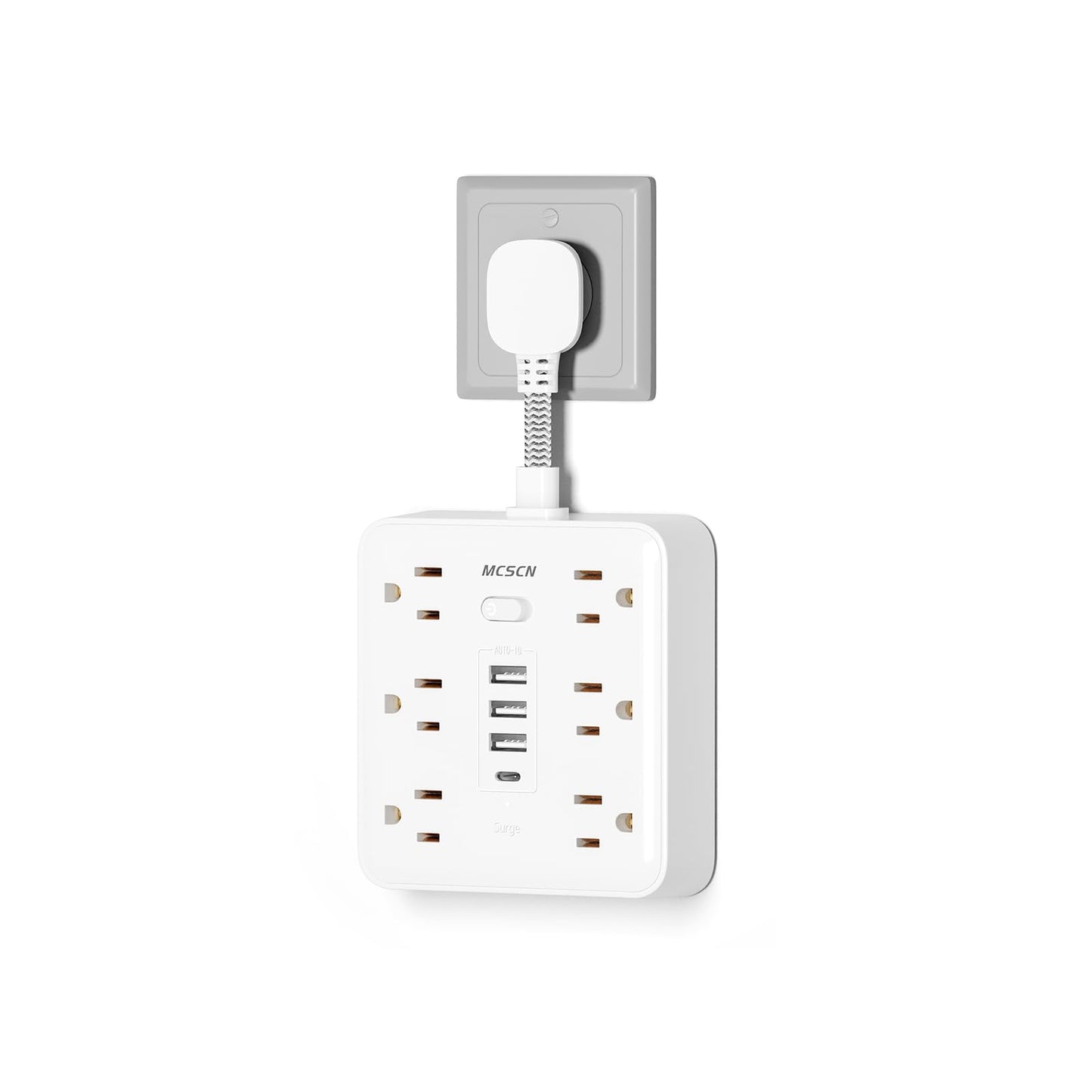 MCSCN Portable Slim Flat Plug Surge Overload Protector Power Strip Wall Outlet with 6 AC Power Outlets 4 USB(1C) for Home Office Dorm Travel