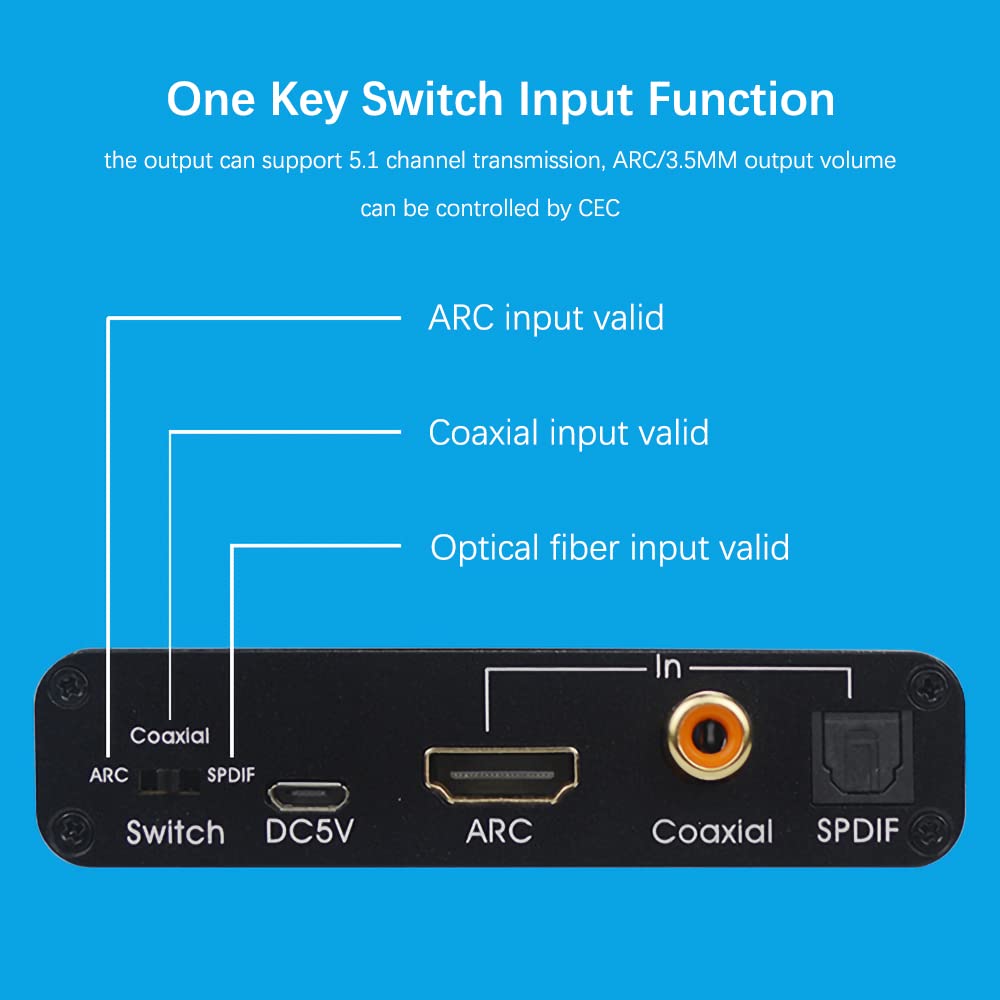 HDMI ARC Adapter 192KHz DAC Converter, Alanph ARC Audio Extractor Support Digital HDMI to Analog Stereo Audio RCA L/R Coaxial SPDIF & 3.5mm Jack