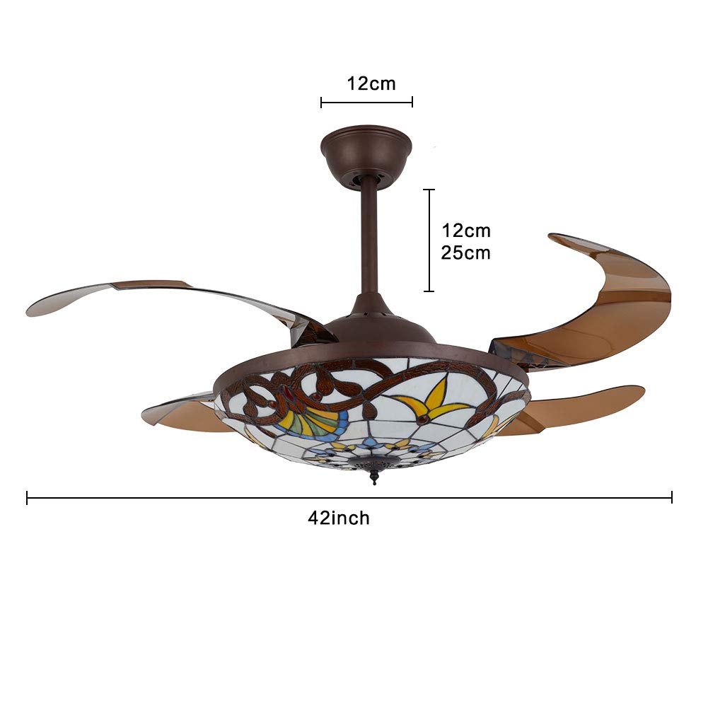 DNYSYSJ Chandelier 42inch Classic Tiffany Style Ceiling Fan w/Retractable Blades Dimmable LED lights Craft-Made Colorful Painted 3-Color