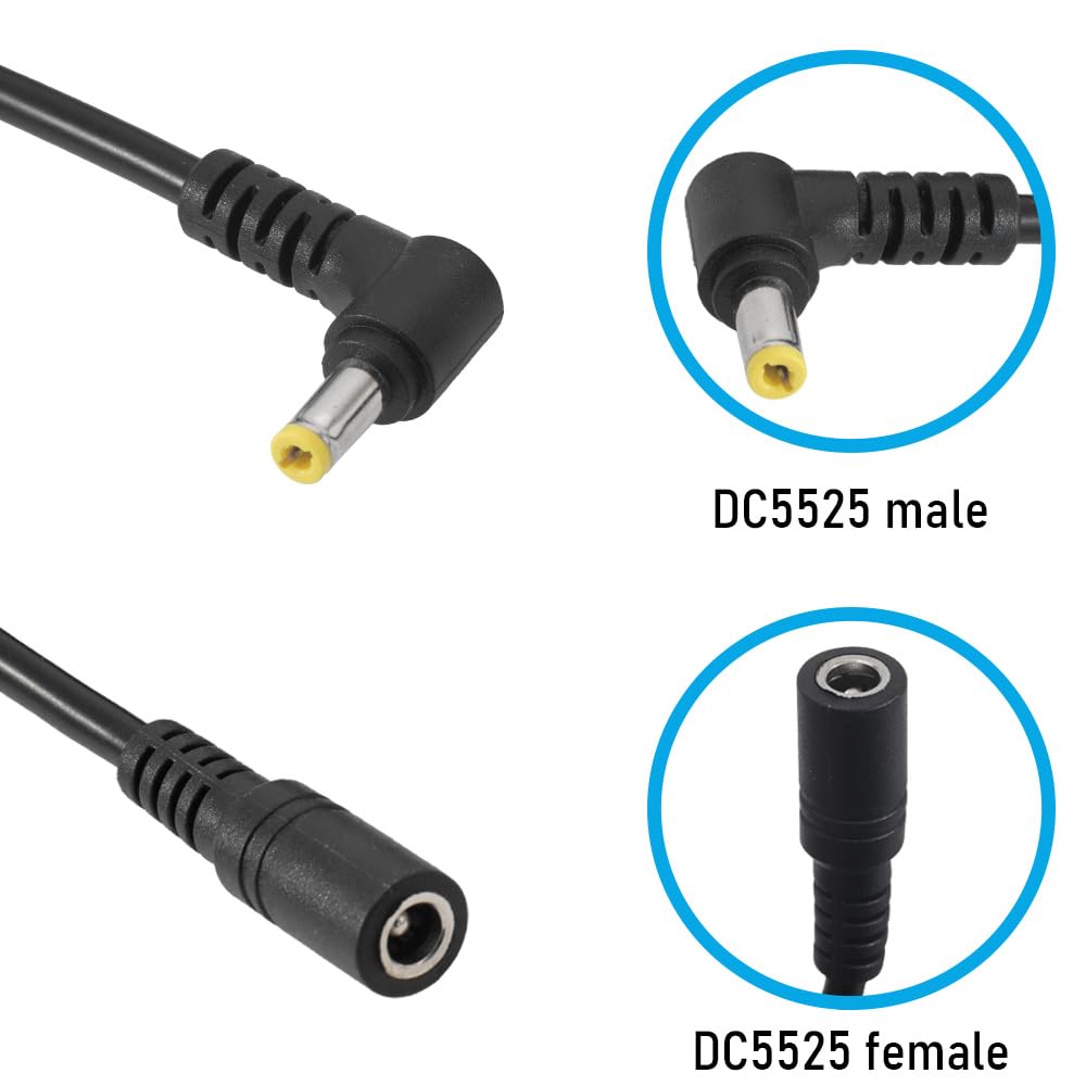 Jienk 2PCS 3FT 18AWG Right Angle DC5525 Power Extension Cable, 5.5mm x 2.5mm 90 Degree Male to Female Plug Power Cord for CCTV Security Camera,DVR,LED