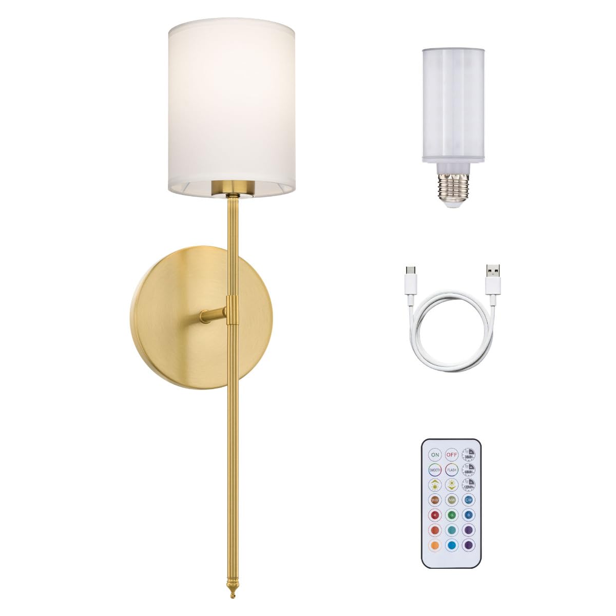 East Grove Home Wayfarer Wireless 22in Wall Sconce with USB-C Rechargeable LED Lamp 10W 800 Lumens RGBCW and Selectable CCT with White Cylinder Fabric