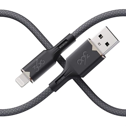 360 Electrical Fluid USB-A to Lightning Charger Cable, Mfi Certified Charger for Apple iPhone 14 13 12 11 X, iPad, 5 Foot, Granite