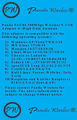 Panda Wireless PAU0E AC1200 Wireless AC USB Adapter - w/High Gain Antenna - Win 7/8/10/11, Zorin, Mint, Ubuntu, MX Linux, Manjaro, Fedora, Kali Linux