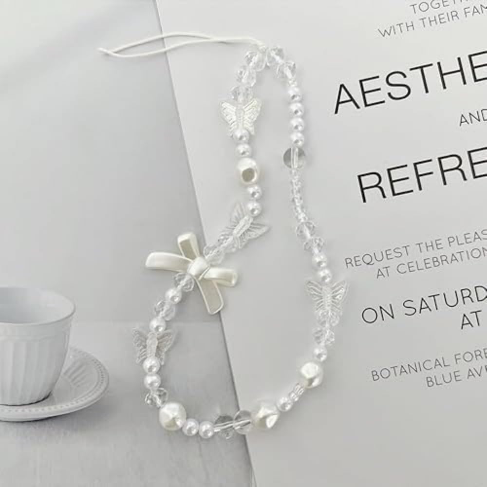 Essivox White Pearl Phone Lanyard, Universal Mobile Chain with Bow, Beaded Wrist Strap, Anti-Lost Charm Keychain