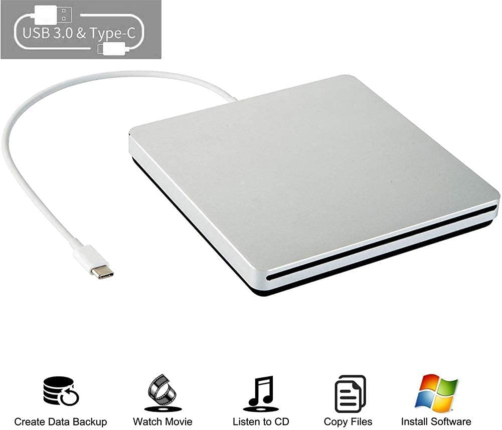 Aouan External CD DVD Drive Burner/Portable/Slim/Reader/Type-c/USB-C Drive(Equipped with USB 3.0 Adapter) for MacBook Pro/PC/Mac/Laptop/Air Windows7/