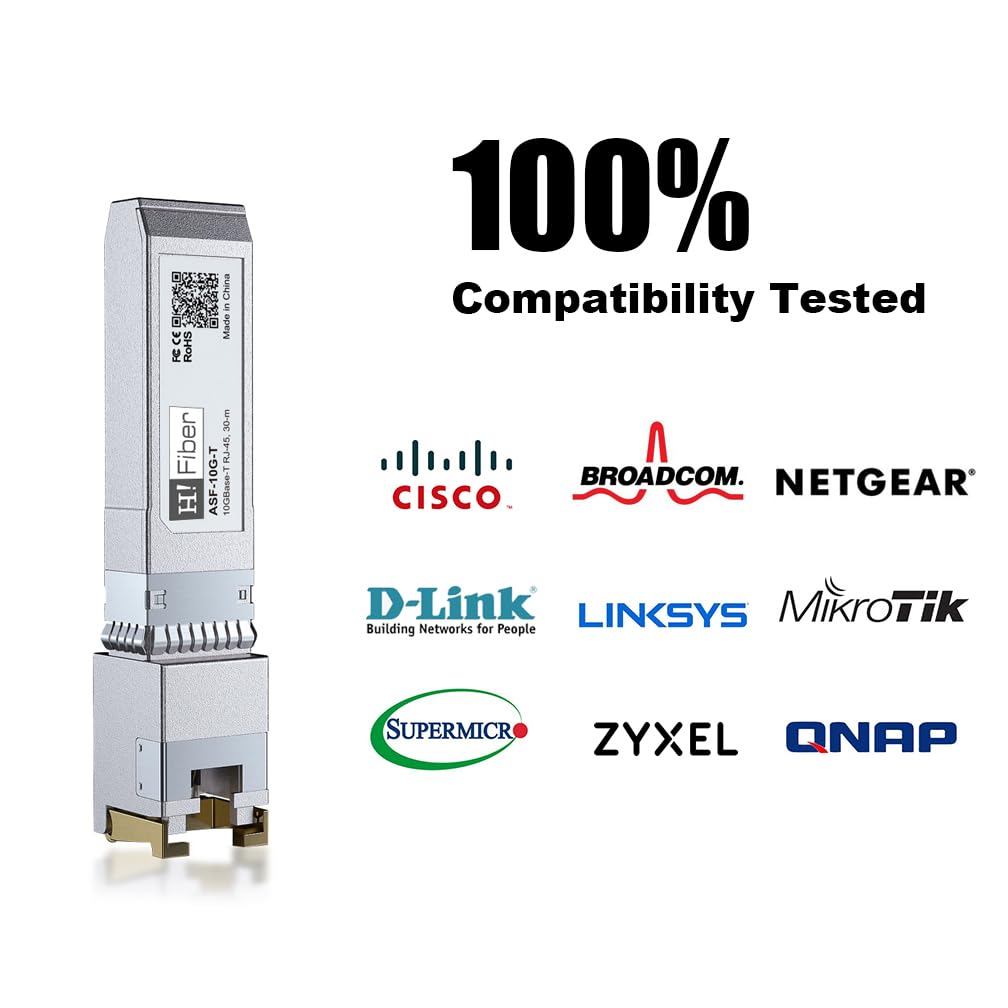 H!Fiber 10Gb SFP+ RJ45 Transceiver, 10Gbase-T SFP+ Ethernet Module Support 10G/5G/2.5G/1.25G, Compatible with Cisco SFP-10G-T-S, Ubiquiti, UniFi