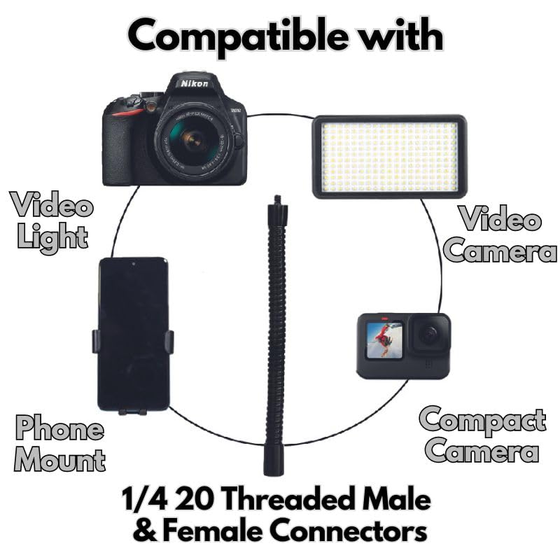 GRIFITI Nootle Flexible Metal Black Gooseneck Arm Flex Leg Stand 1/4 20 Threaded Male Female Goose Neck for Camera, Clamps, Microphone, Phone Holder
