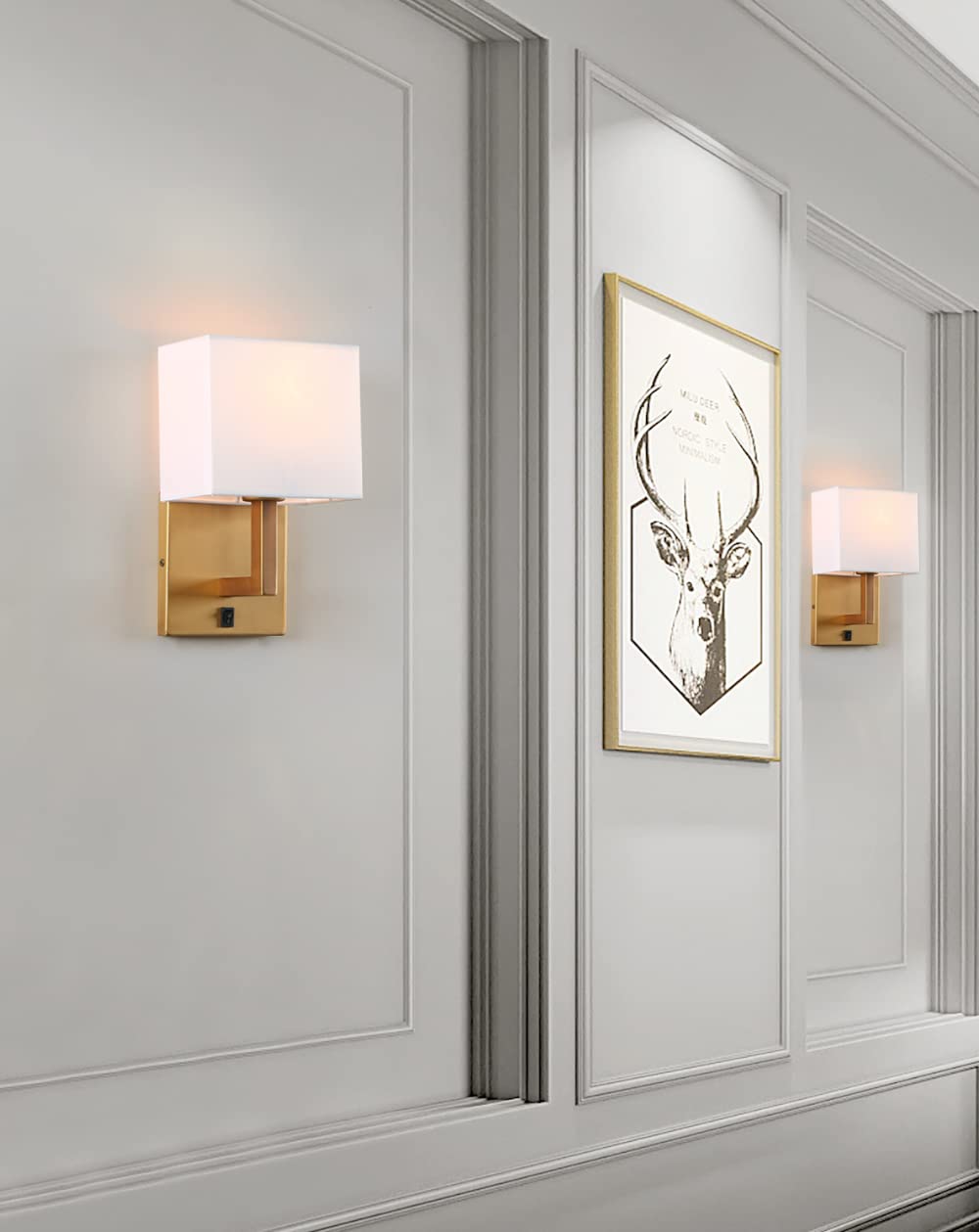 PERMO Set of 2 Wall Sconce Hardwired Light Fixtures Wall Light with White Linen Shades and On/Off Switch Modern Bedside Sconce for Bedroom Reading