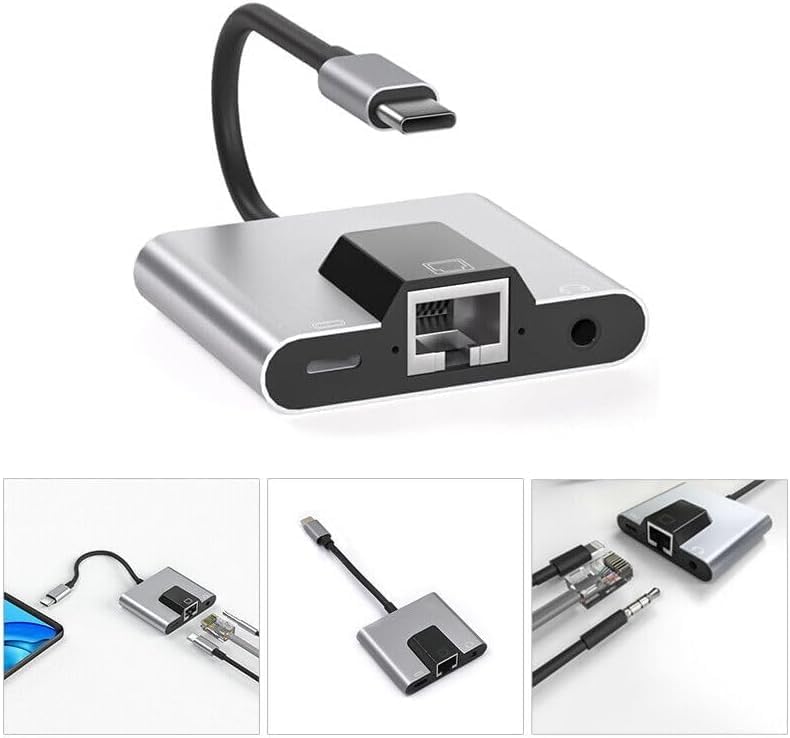 USB to Ethernet Adapter, Type-C to Ethernet USB C to 3.5mm Audio PD Fast Charging LAN Network Adapter Compatible with Laptop Tablet Phone