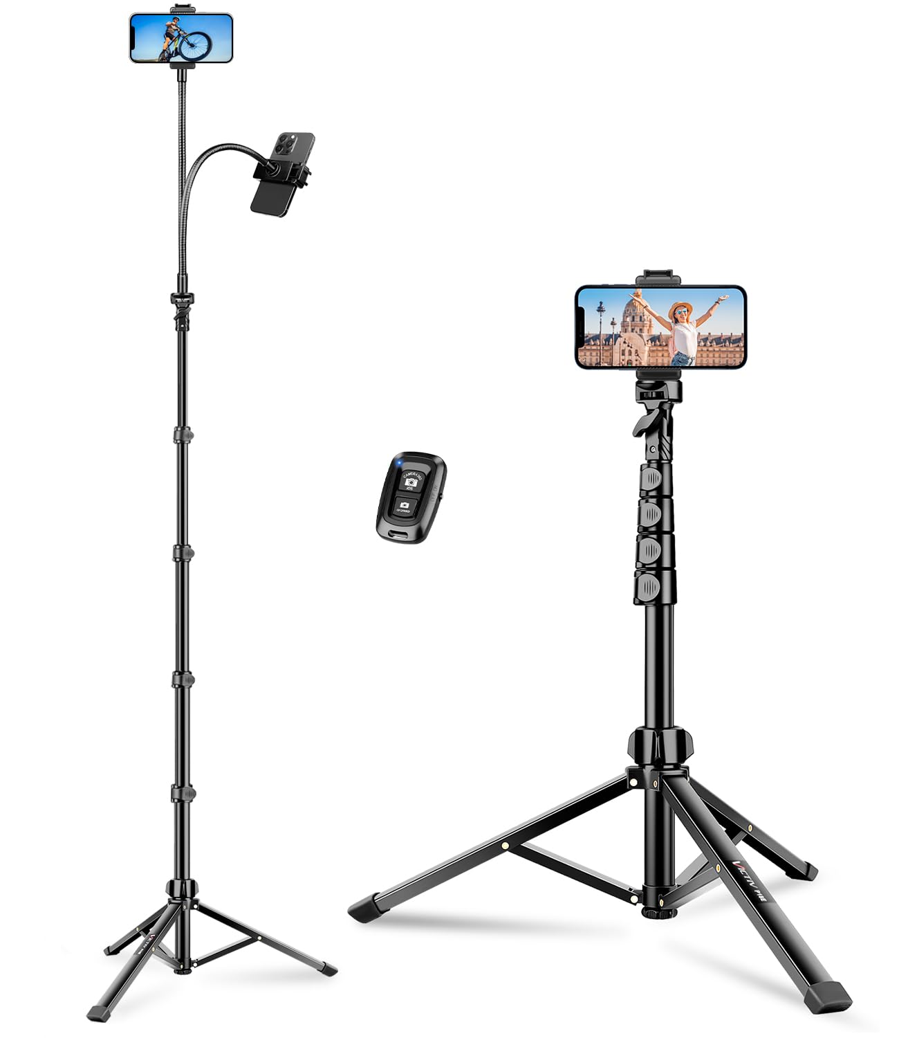 Phone Tripod, 86" Tall Tripod Stand with Gooseneck and Remote, Suitable for Recording Fitness Vlog Watching Cooking, Compatible with Smartphone