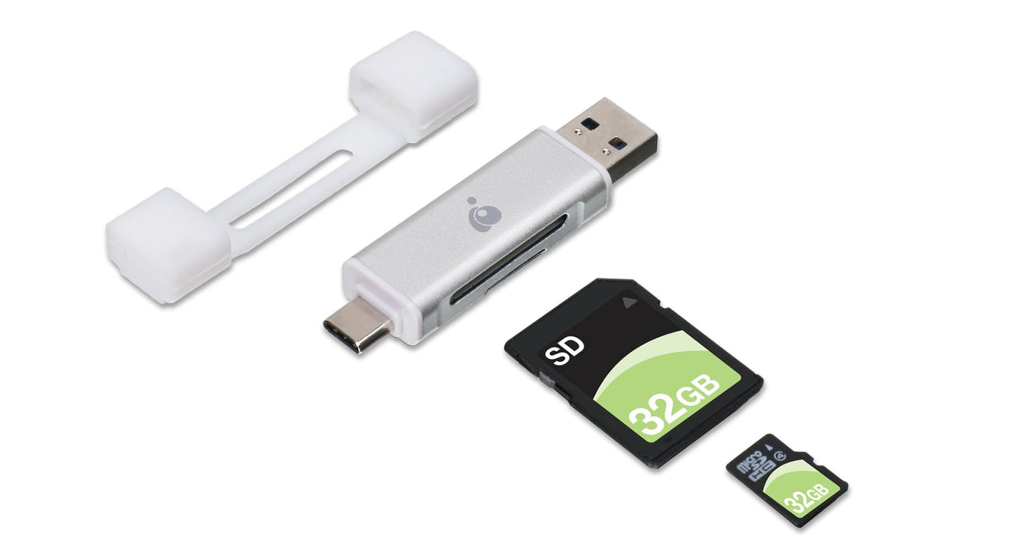 IOGEAR USB-C 2-in-1 SD Card Reader - w/USB Type A - SDXC - SDHC - SD - MMC - RS-MMC - Micro SDXC - Micro SD - Micro SDHC Card - UHS-I Cards - GFR3C12