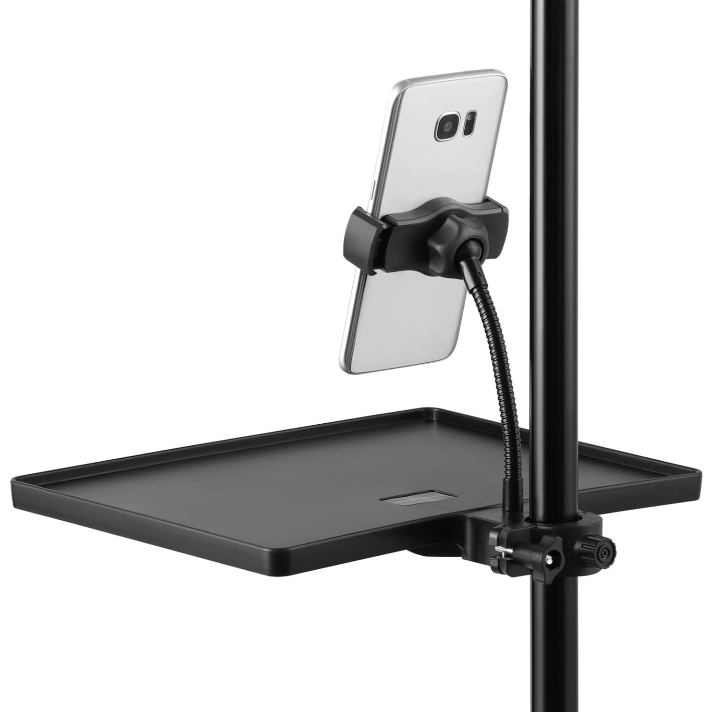 2-In-1 Microphone Stand Tray with Phone Holder, Clamp-On Mic Rack Tray Height Adjustable with Firm O-Ring Clamp, Mic Sound Card Holder for Recording