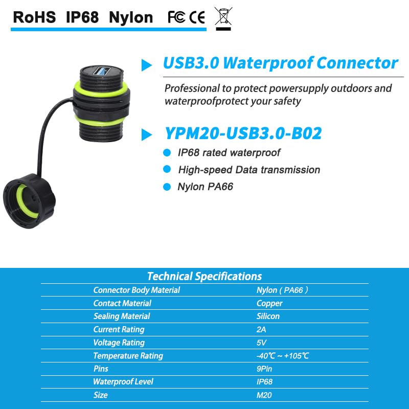 ELifeApply Waterproof Panel USB Connector, Waterproof IP68 USB 3.0 Panel Mount Connector, Female to Female, Bulkhead Extension Adapter, YPM20 2 PCS