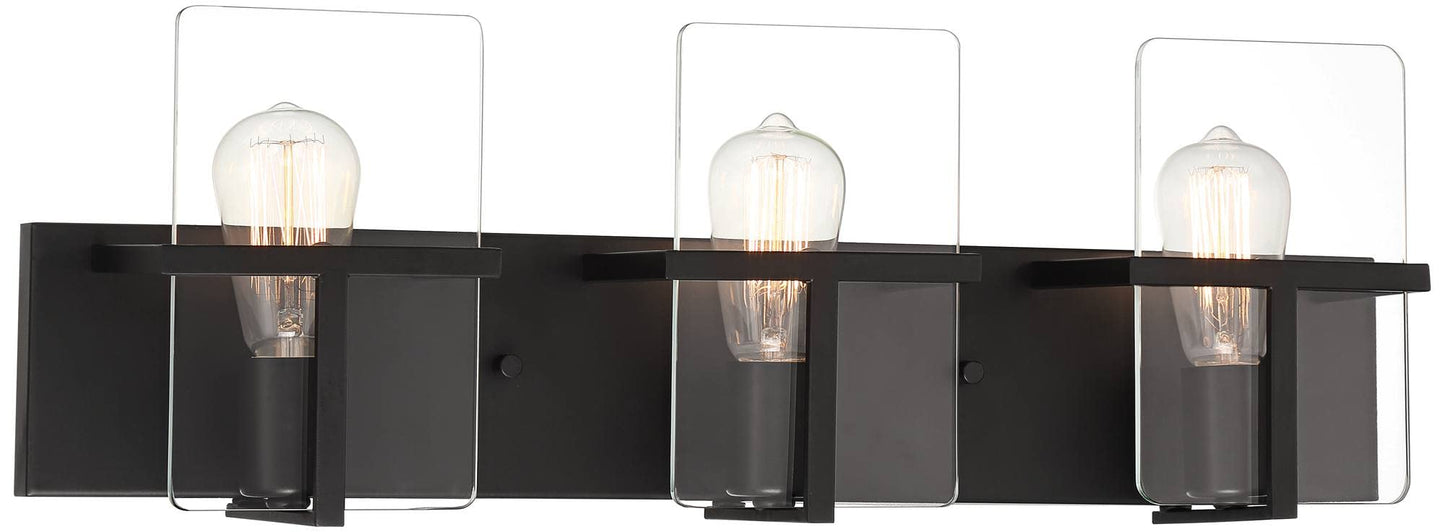 Possini Euro Design Trezza Modern Industrial Wall Mount Light Matte Black Hardwired 24" 3-Light Fixture Clear Glass Flat Panels for Bathroom Vanity