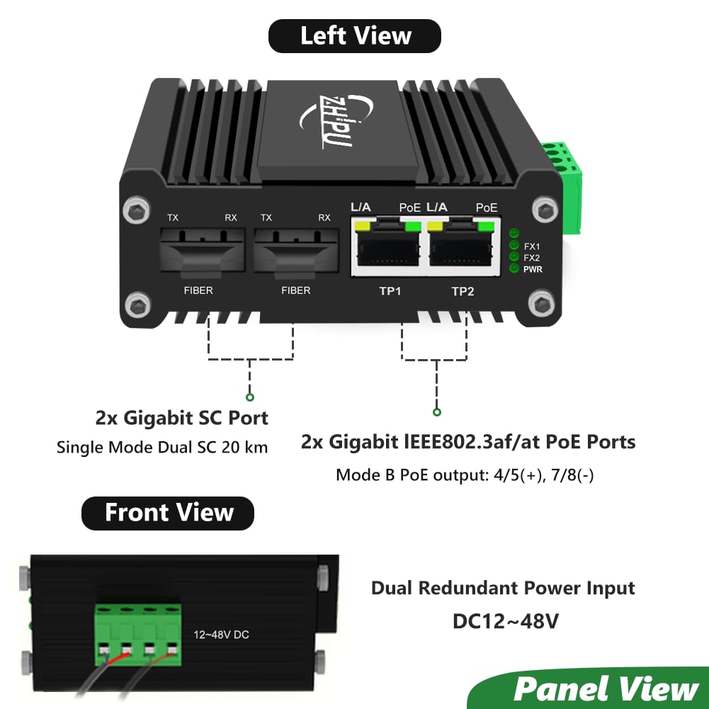 Yjntoximc Mini Industrial 2 Ports Gigabit PoE Switch with DC12?48V Redundant Power Input, 12V PoE Switch with 2X Single Mode Dual SC 20km