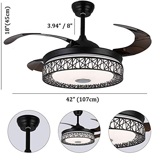 KPIBEST Retractable Ceiling Fan with Lights and 7 Colorful Dimmable, 42 Inch Modern Bluetooth Black Chandelier with Ceiling Fans and Remote Control 3