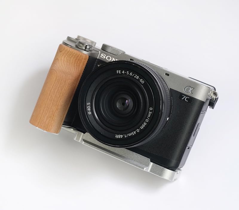 QR L Handle Hand Grip Wood Handle + Alloy Baseplate for Sony A7C Camera Holder (Cherrywood + Sliver Alloy Baseplate)