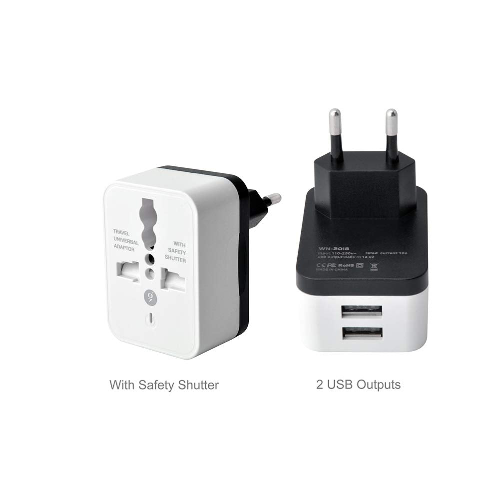 European Power Travel Plug Adapter, Spain Iceland Germany France Italy Power Travel Plug Adapter Converting from Europe to US (2 USB Ports)
