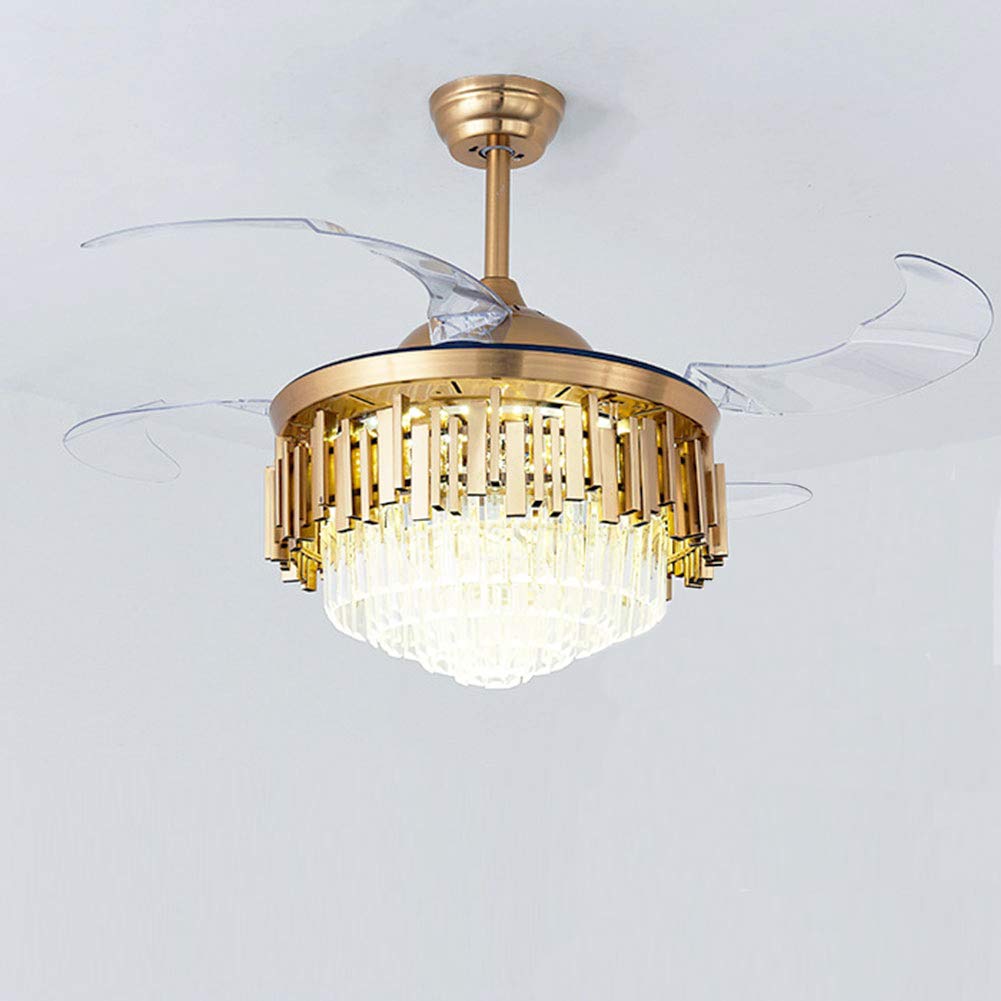 OUKANING 42inch Crystal Chandelier Ceiling Light LED - 4 Acrylic Automatic Retractable Crystal Fan Blade Ceiling Lamp for Living Room/Dining Room/Hall
