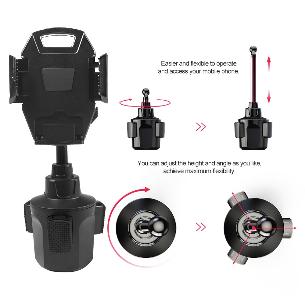 Car Cup Holder Phone Mount, 360° Rotating Clip, Retractable Rotatable Rod, One-Touch Operation, Anti-Shake Car Phone Holder Fit 2.76-3.78in Base