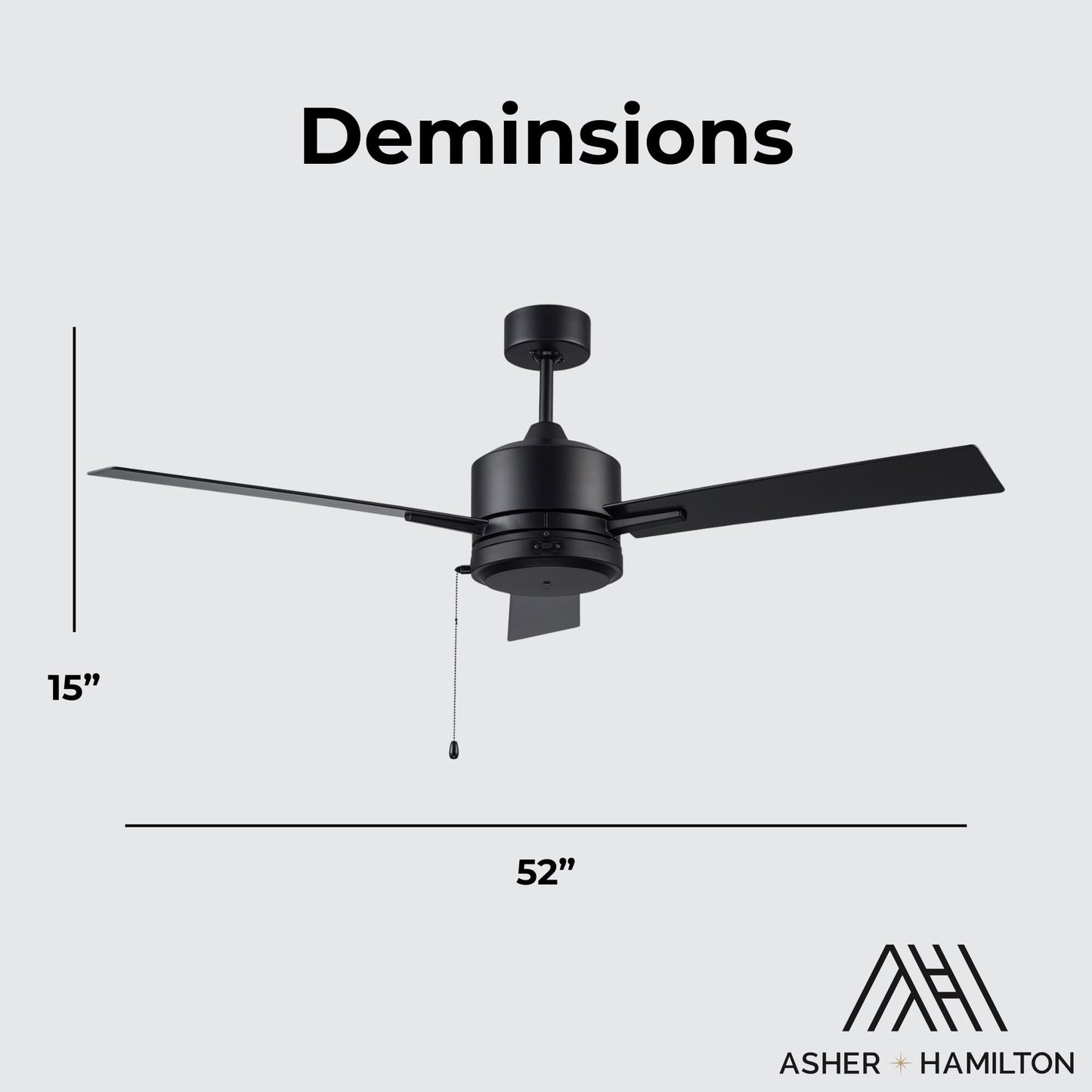 Asher Hamilton AHF-210BK Drift 52 Inch Outdoor Ceiling Fan | 3 Blade Configuration | Wet Rated Exterior Ceiling Fan | Steel and ABS Construction |