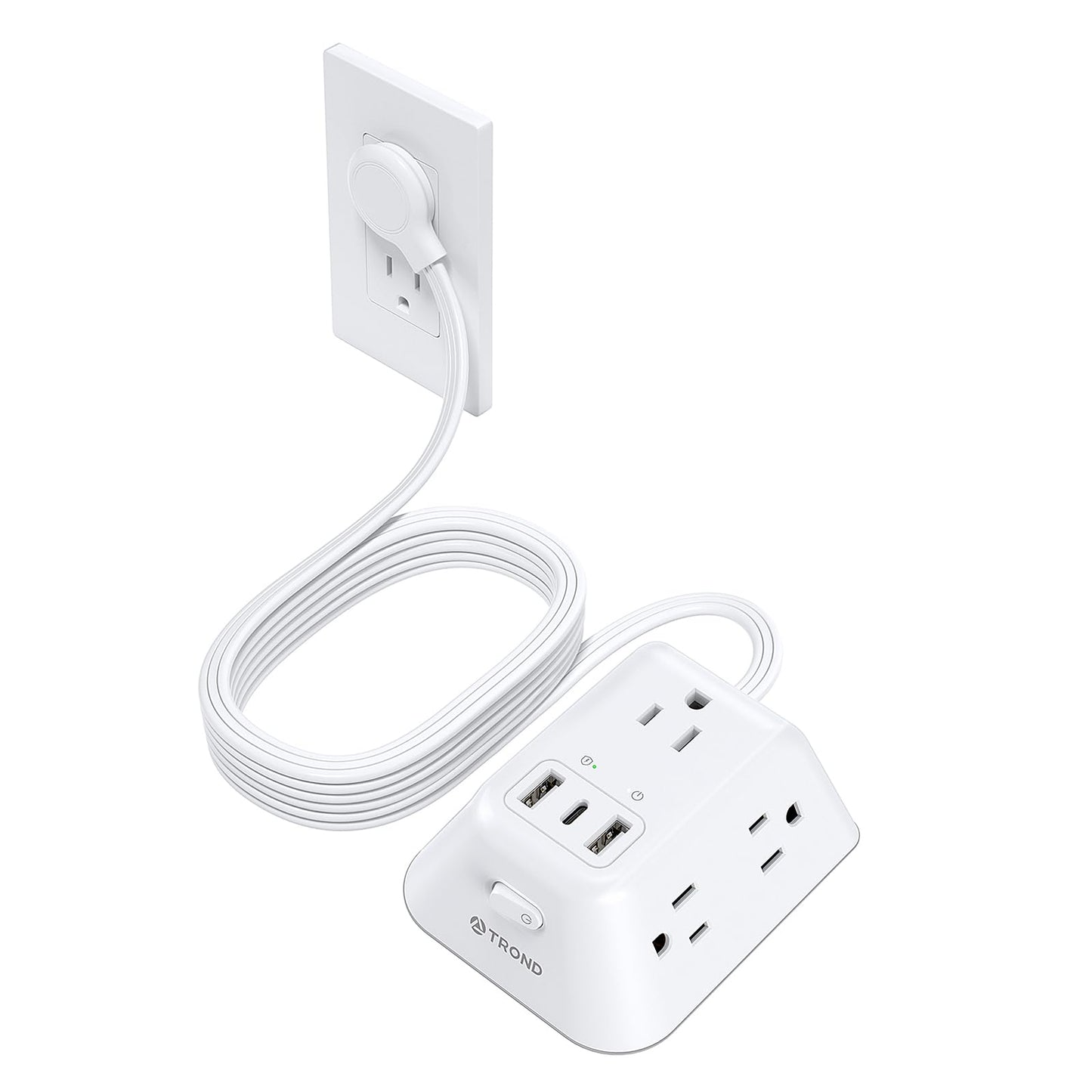 TROND 15ft Long Extension Cord, Ultra Thin Flat Plug Power Strip, 5 Widely-Spaced AC Outlets and 3 USB Ports, 1440J Surge Protector, 3-Sided Wall