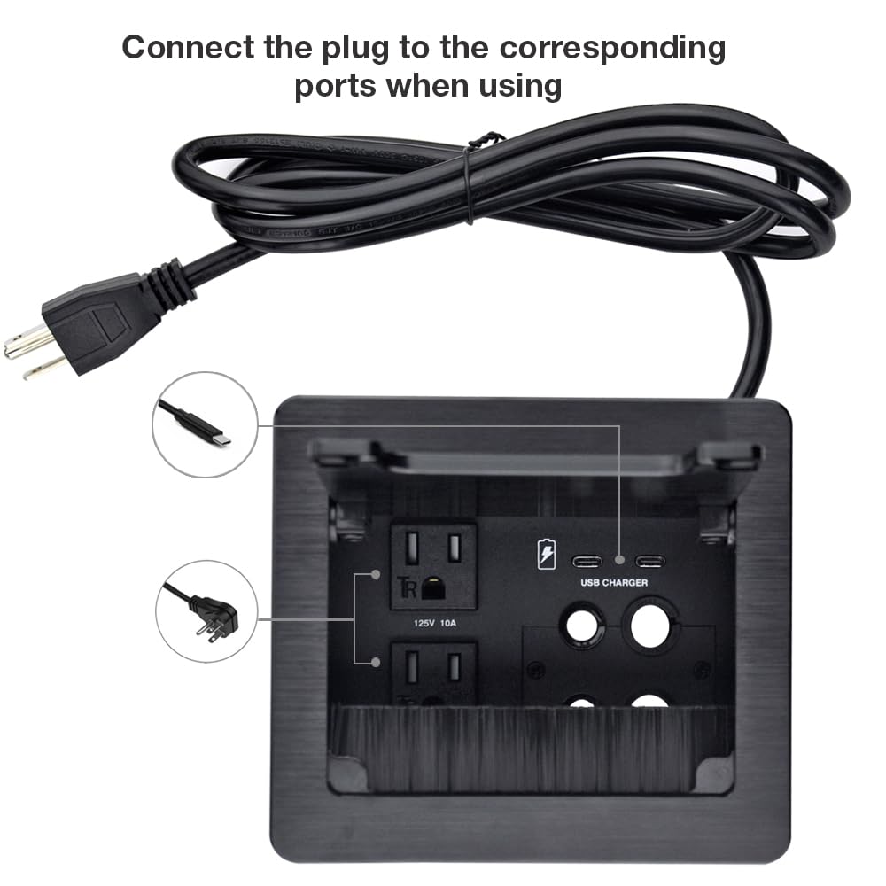 Conference Table Power Hub?Tabletop Brush Cable Cubby Connectivity Box with 2 AC Power + 2 USB-C Charger(33W) + 4 Cable Holes with 5.58ft Power Cord