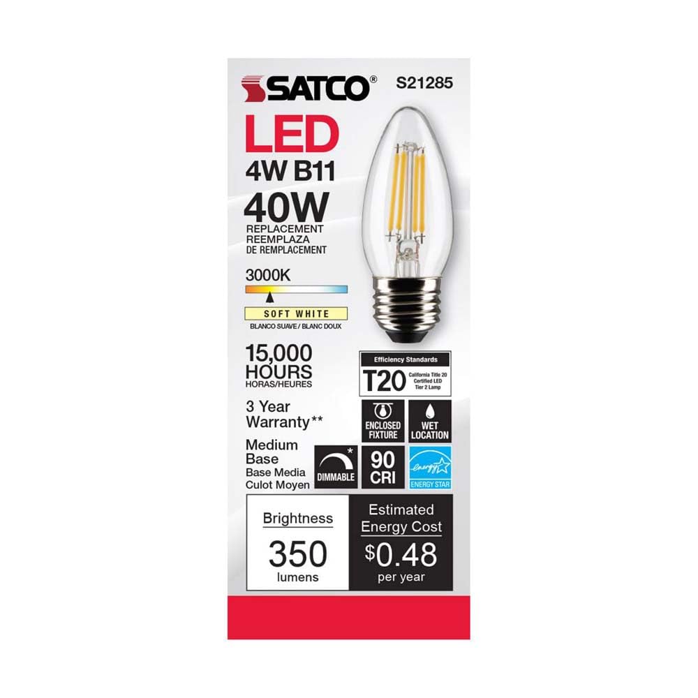 Satco S21285 4W LED Filament B11 Candle Light Bulbs, 3000K Soft White, 350 Lumen, E26 Medium Base, Clear Finish, Dimmable, Wet Location, 120V, 6 Pack