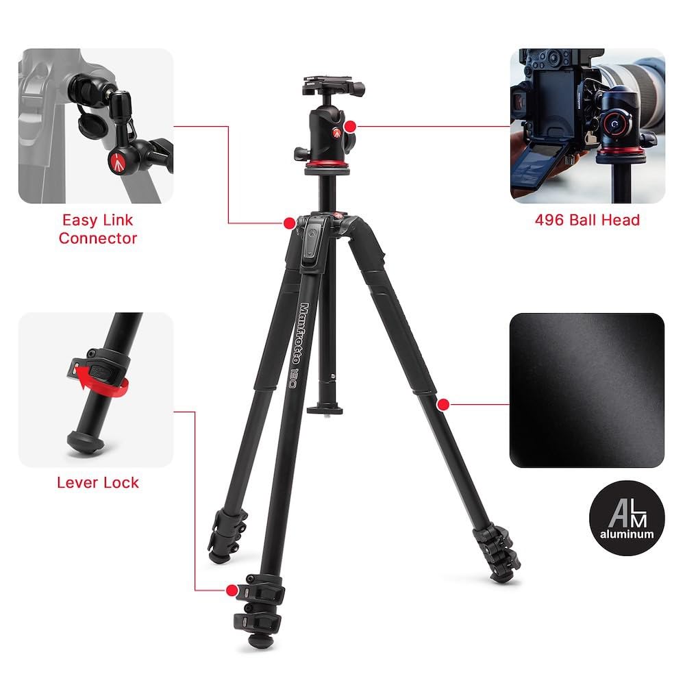 Manfrotto 190X AS, 3-Section Aluminum Camera Tripod, Photo-Kit with Ball Head, Ground Level, Arca-Swiss Plate, Quick Power Lever Lock, 22lbs Payload