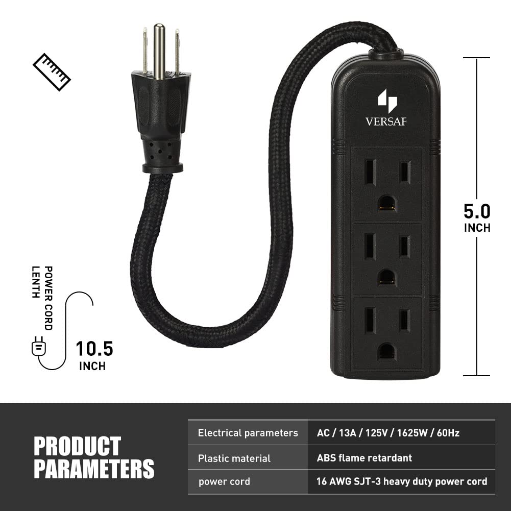 Power Strip 3 Prong Outlet - Slim Black 3 Grounded Outlets Heavy Duty Extension Power Cord Power Strip No Surge Protector with Wall Mount Hole Ideal