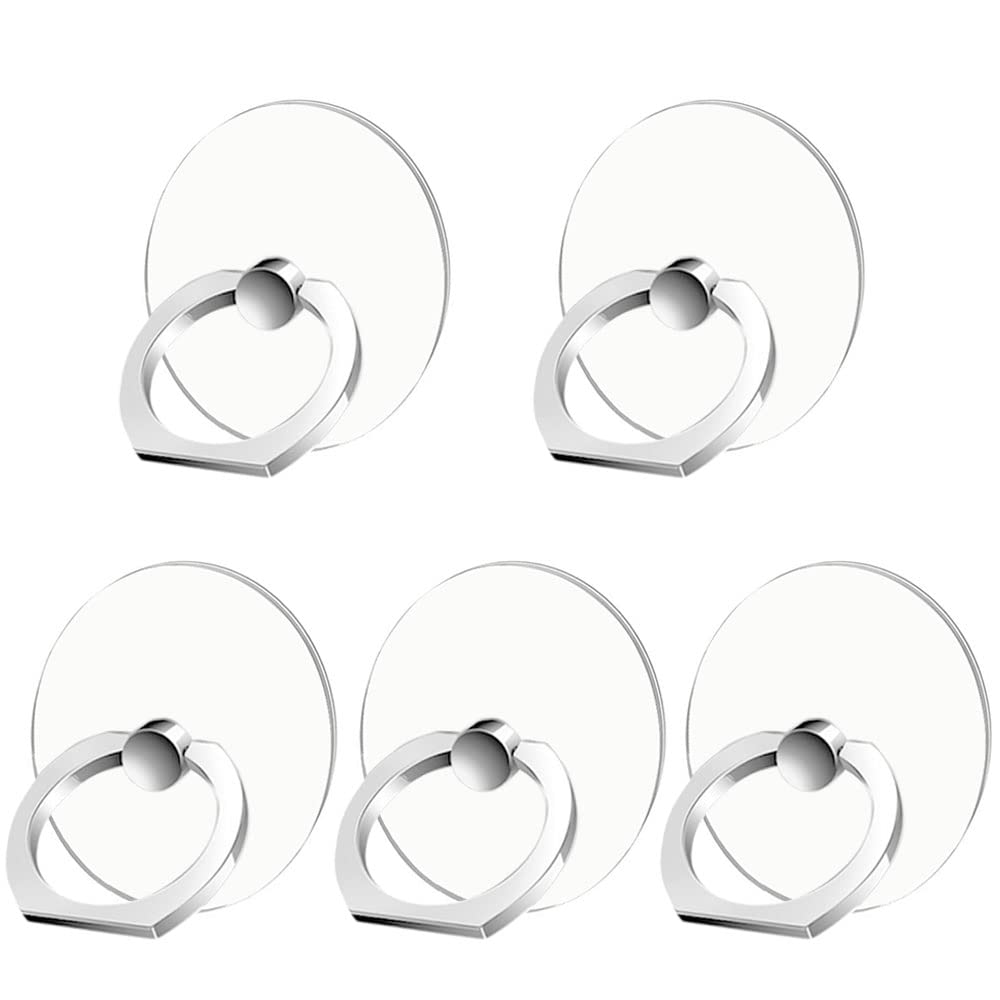Kinizuxi Cell Phone Ring Holder Stand 5 Pack Silver, Transparent Phone Ring Holder Grip Finger Kickstand, 360° Rotation Phone Ring for Phone Cases