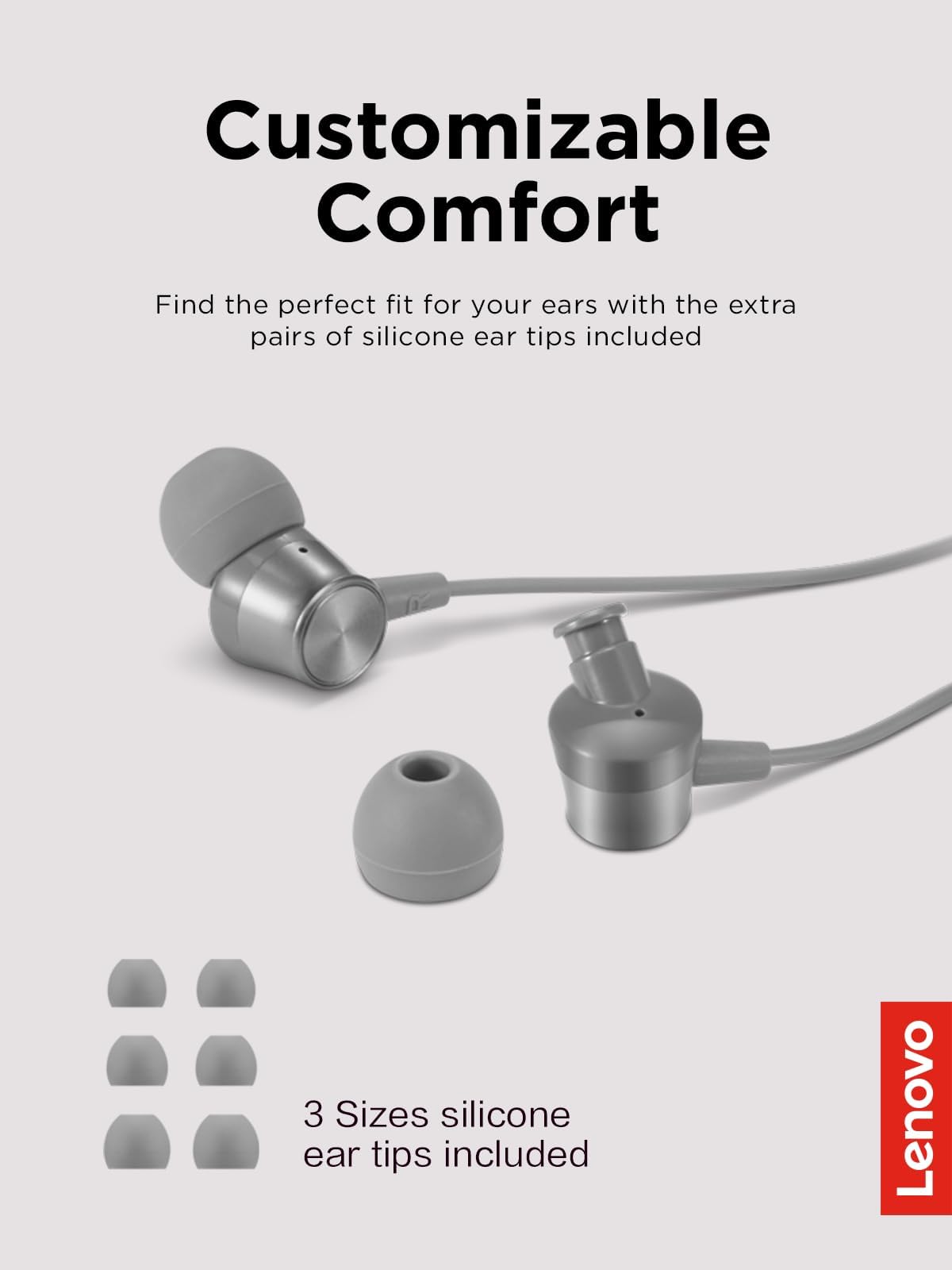 Lenovo - 300 Wired in-Ear USB-C Headphones - in-Line Microphone - USB-C Connectivity - Play & Pause Button - 3 Sizes Silicone Ear Tips Included, Grey
