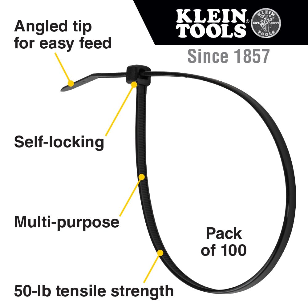 Klein Tools 450-210 Cable Ties, 50-Pound Tensile Strength, Heavy Duty Nylon Cable Zip Ties, Indoor/Outdoor Use, 11.5-Inch, Black, 100-Piece