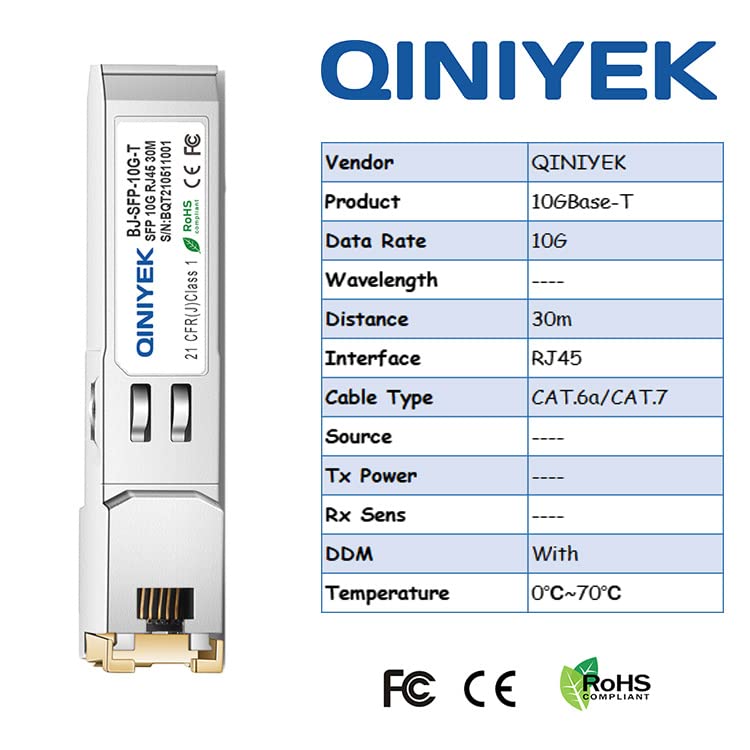 QINIYEK 10G SFP+ to RJ45 Copper Module,10Gbase-T SFP+ Mini Gbic Compatible with Cisco SFP-10G-T-S, Meraki, Ubiquiti UniFi UF-RJ45-10G, Fortinet