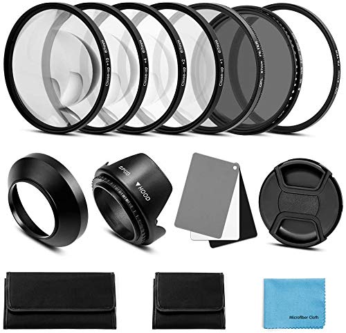 52mm Lens Filter Accessories Kit:UV CPL Adjustable ND Filter(ND2-ND400),Macro Close up Filter Set(+1,+2,+4,+10),Lens Hood,3 in 1 Grey Card for Canon