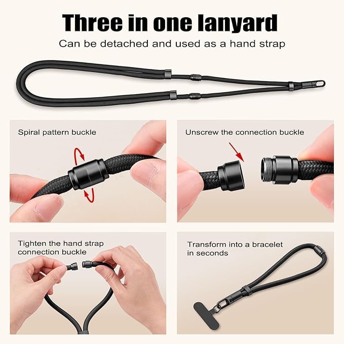 XHCLIUFB 3-in-1 Cell Phone Lanyard 1 Pack + Wrist Strap 1 Pack - Convertible Crossbody Strap with Locking Knob (1, Beige)